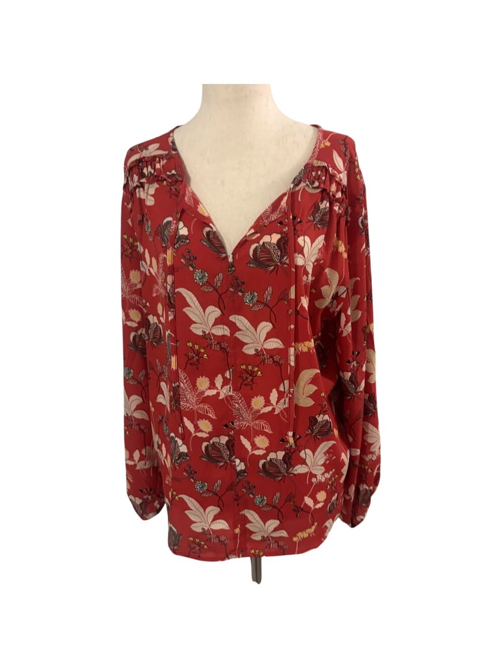 LOFT Floral Blouse Medium Red Long Sleeve V Neck Tie Front Lightweight Top